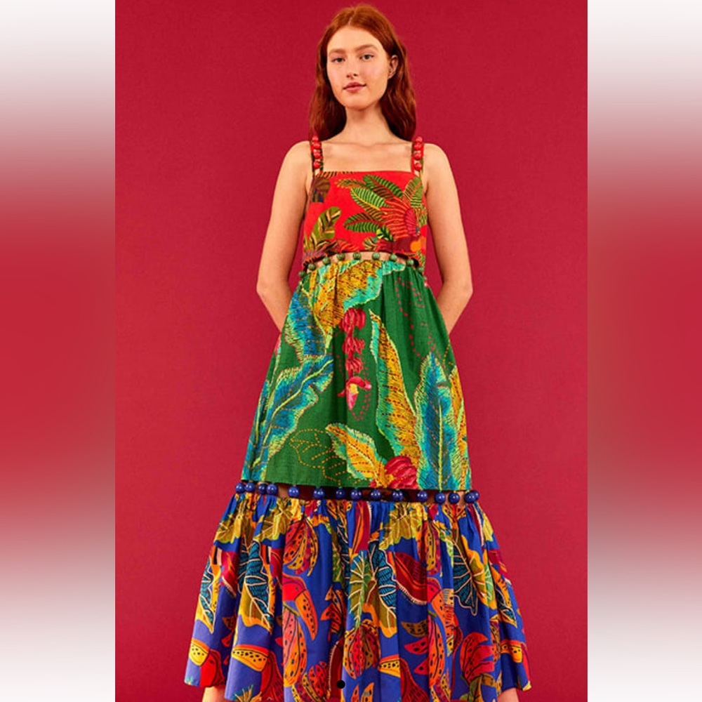 FARM RIO Mixed Print Tiered Maxi Dress with Ball Beads